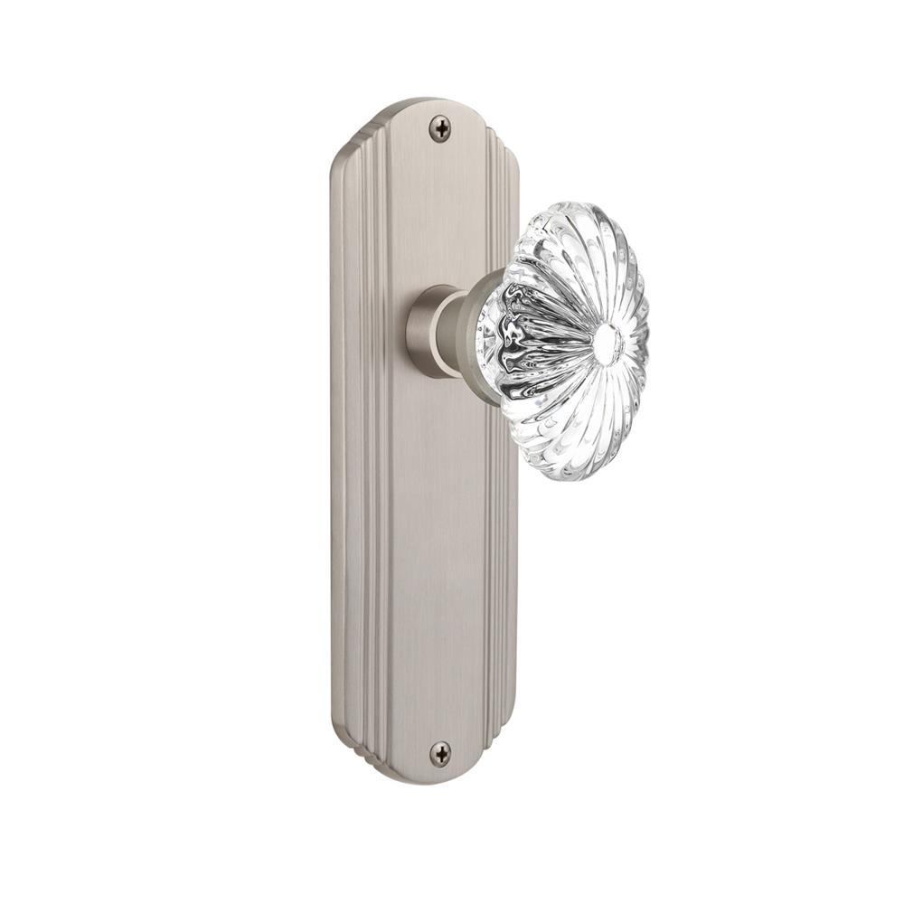 Nostalgic Warehouse DECOFC Complete Passage Set Without Keyhole Deco Plate with Oval Fluted Crystal Knob in Satin Nickel